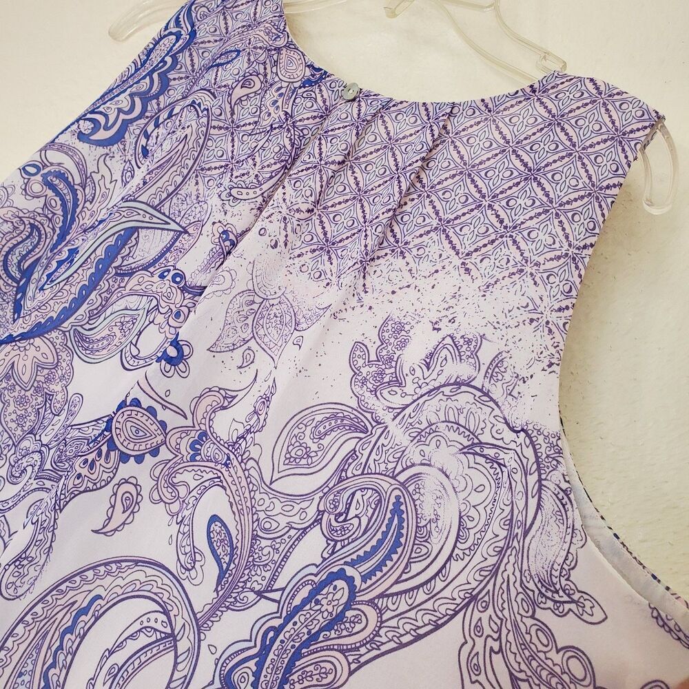 Daniel Rainn Top Sleeveless Pullover Blouse L White Purple Sheer Lined Paisley - Picture 9 of 14